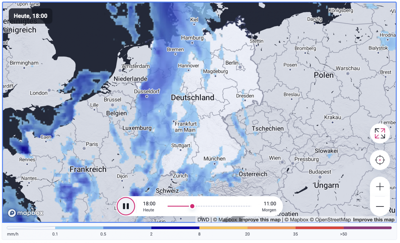 Screenshot einer Wetterkarte von Ubilabs, die aktuelle und historische Daten interaktiv darstellt