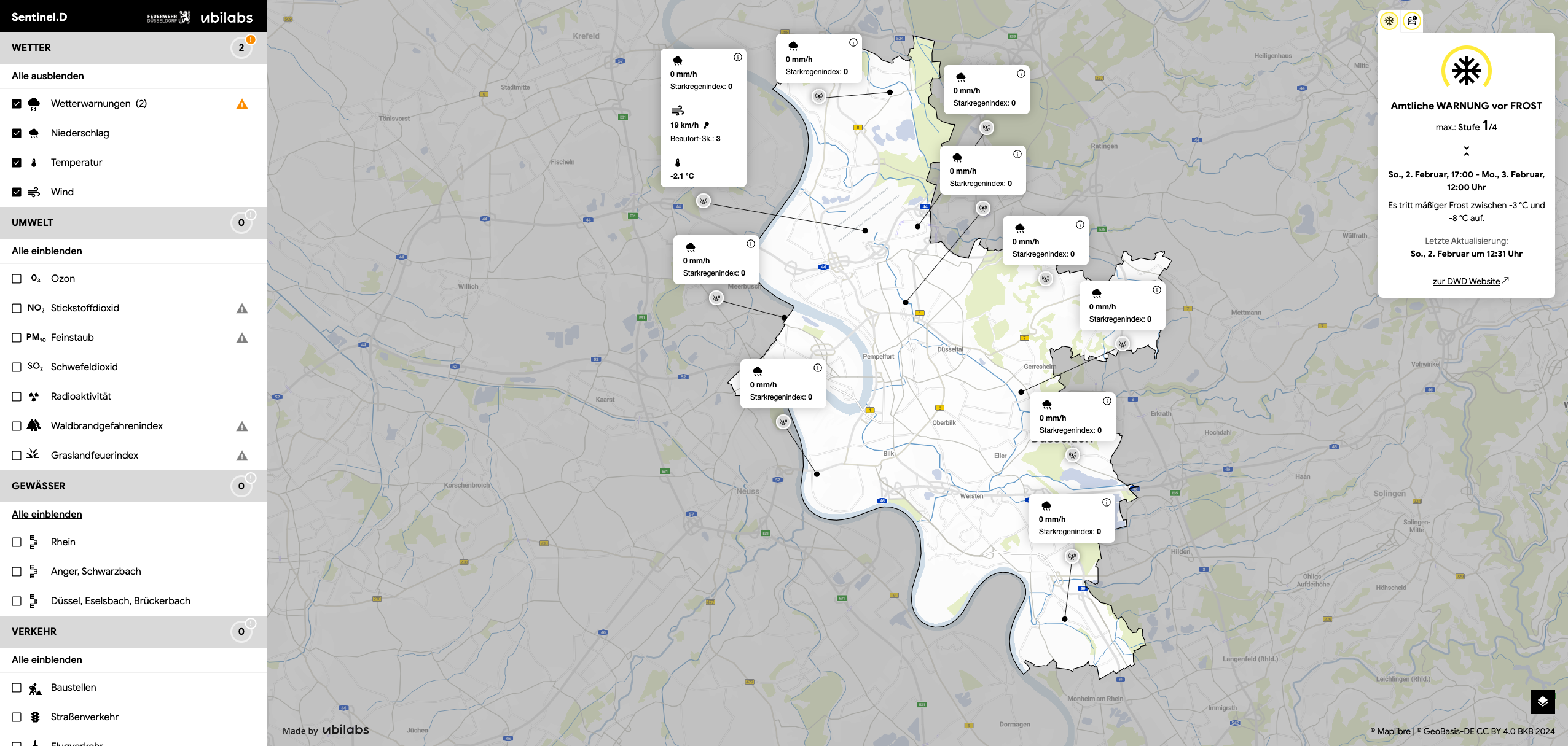 Screenshot of the real-time situational awareness system with a frost warning for the Düsseldorf Fire Brigade