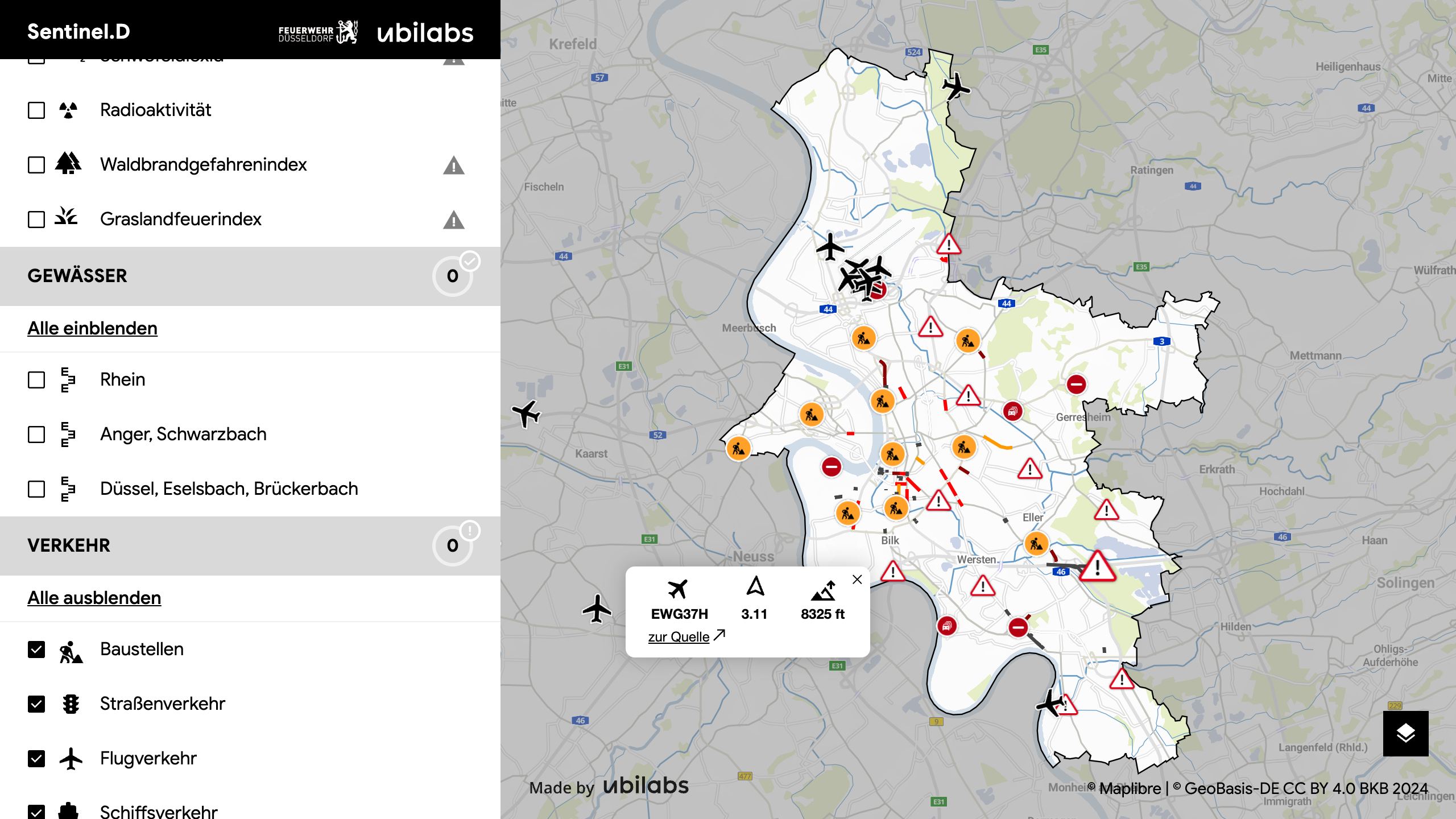 Screenshot of the visualization of traffic data in the real-time situational awareness system for the Düsseldorf Fire Brigade