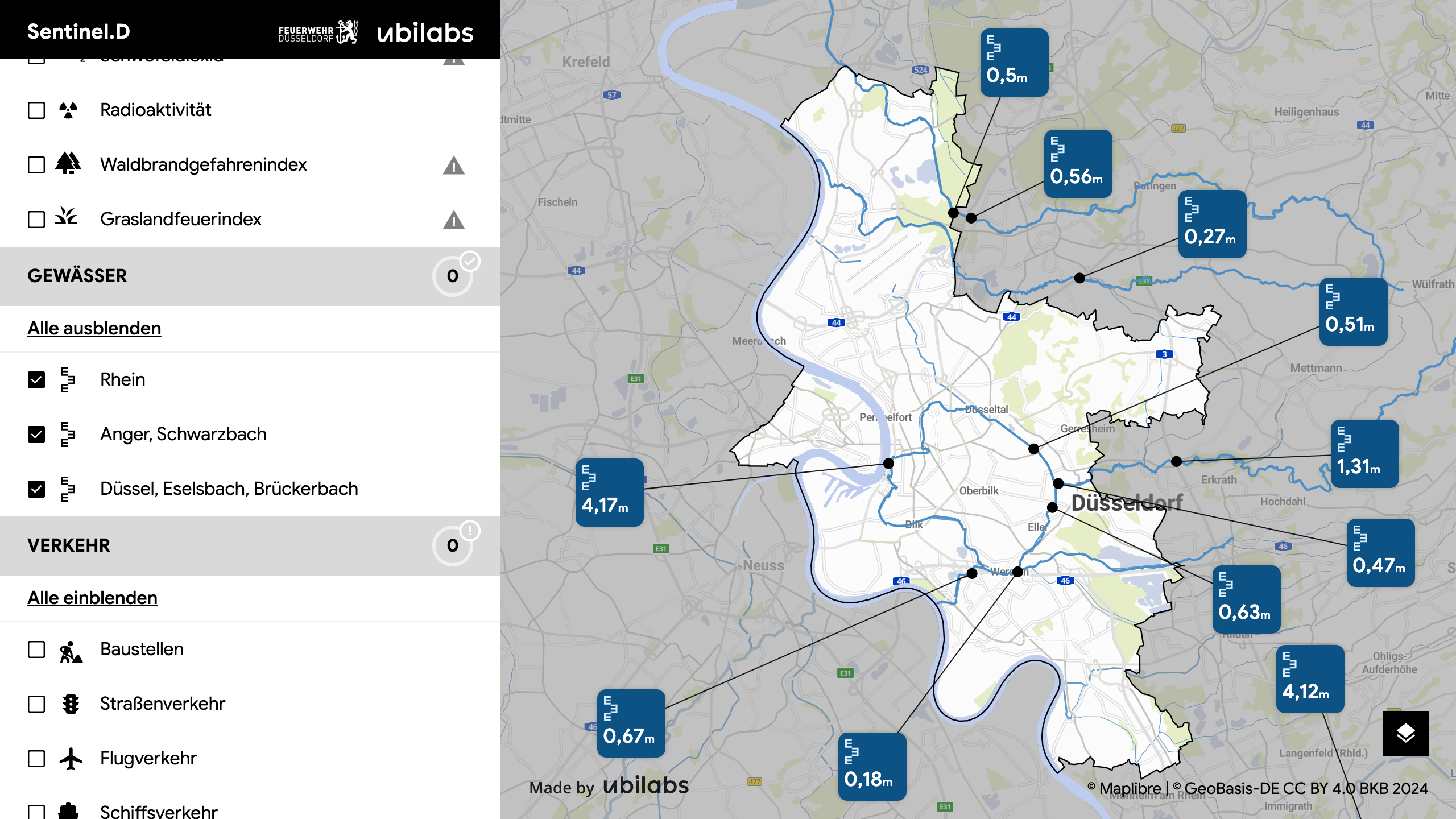 Screenshot of water levels in the real-time situational awareness system of the Düsseldorf Fire Brigade