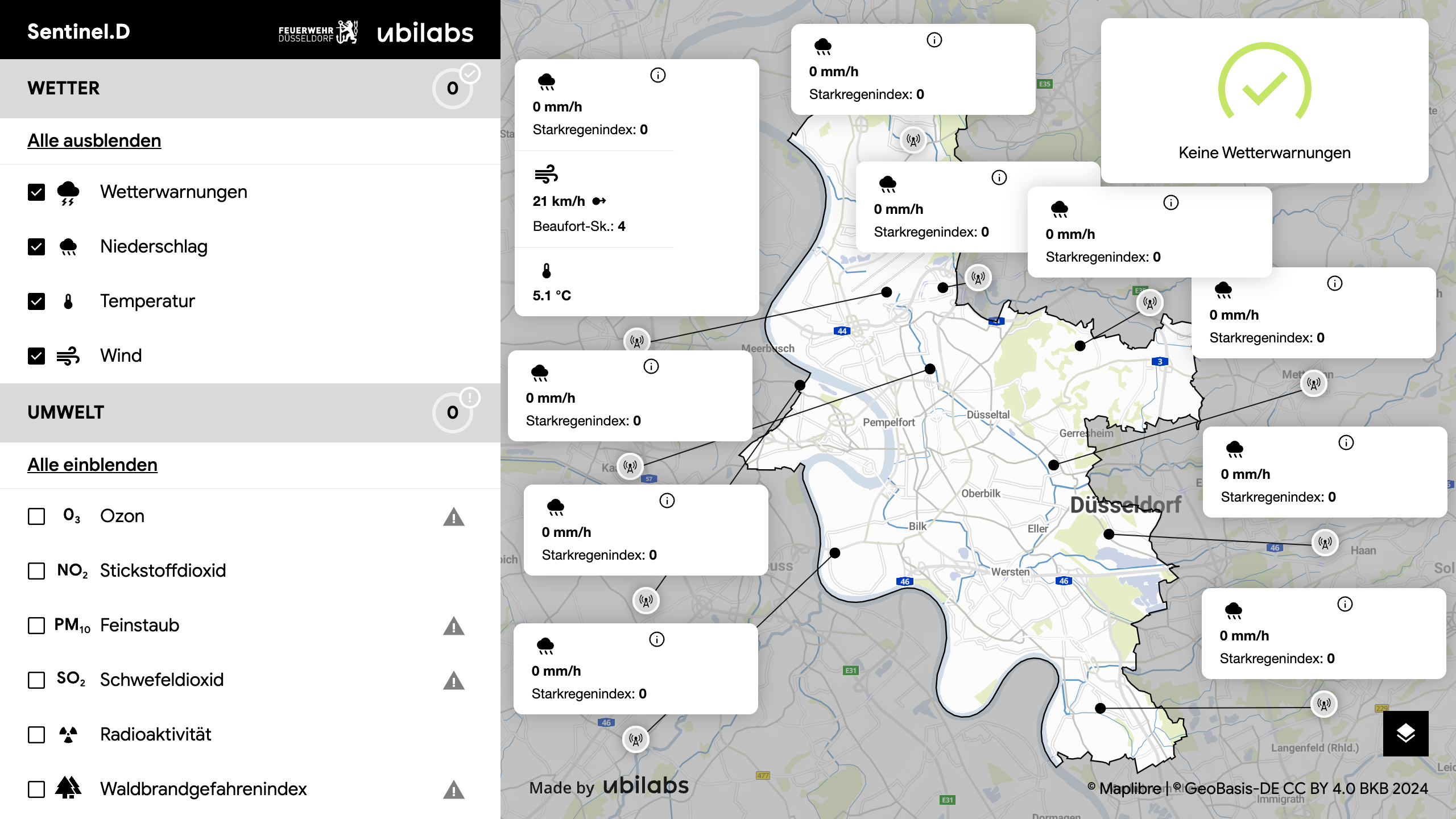 Screenshot of weather data visualization in the real-time situational awareness system for the Düsseldorf Fire Brigade