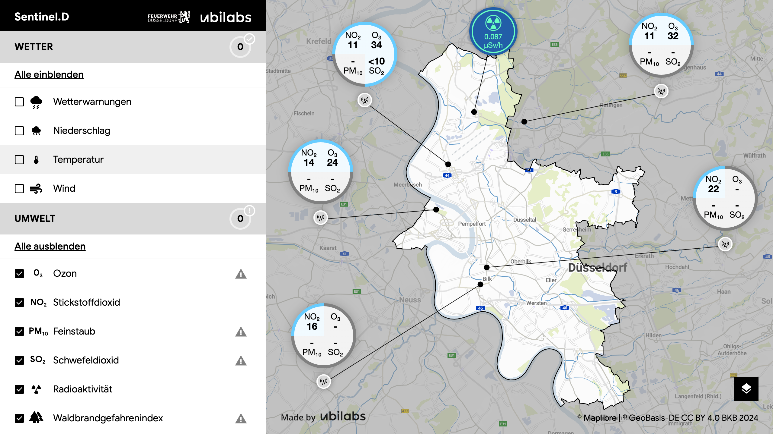 Screenshot of the view of environmental data in the real-time situational awareness system for the Düsseldorf Fire Brigade