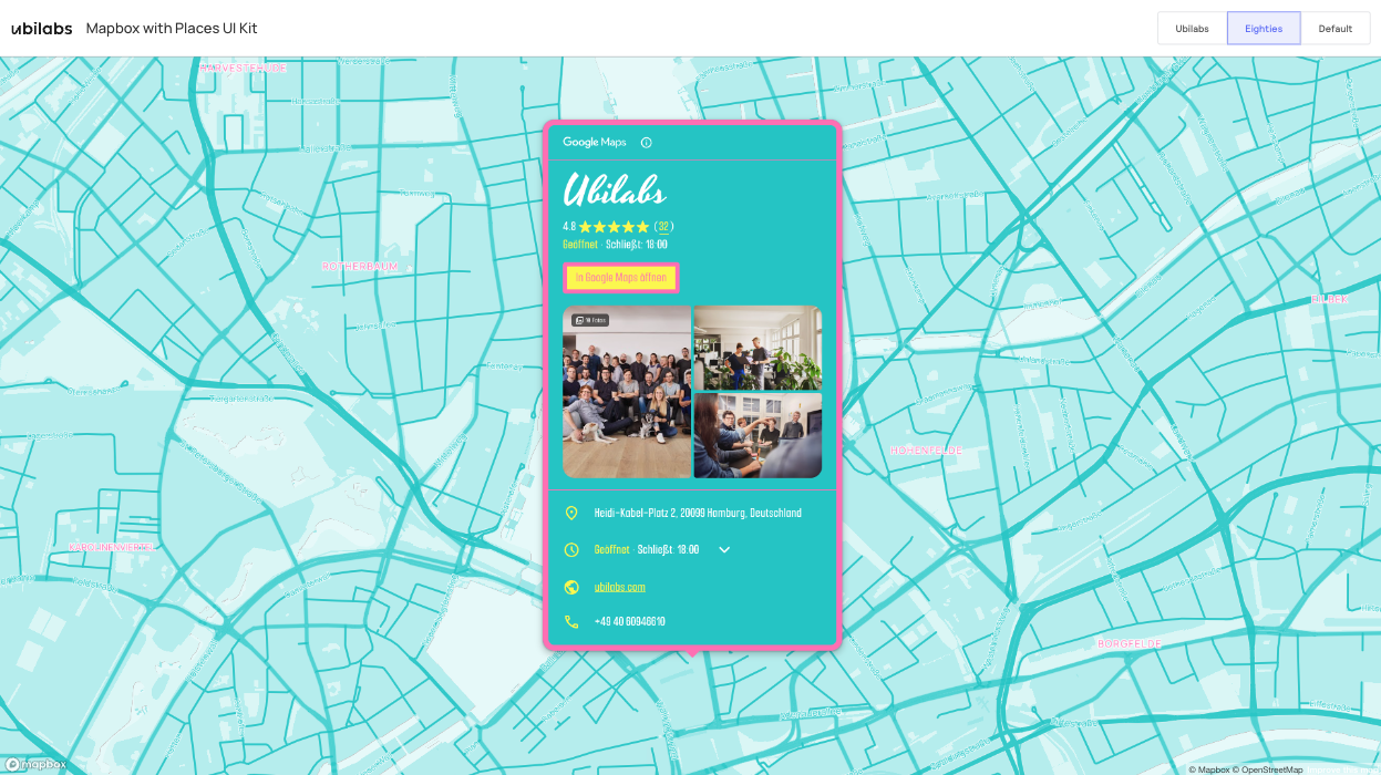 Screenshot der Ubilabs-Demo, der eine individuelle Styling-Möglichkeiten des Google Maps Places UI Kit auf einer Mapbox-Karte zeigt: ein Eighties-inspired Design.
