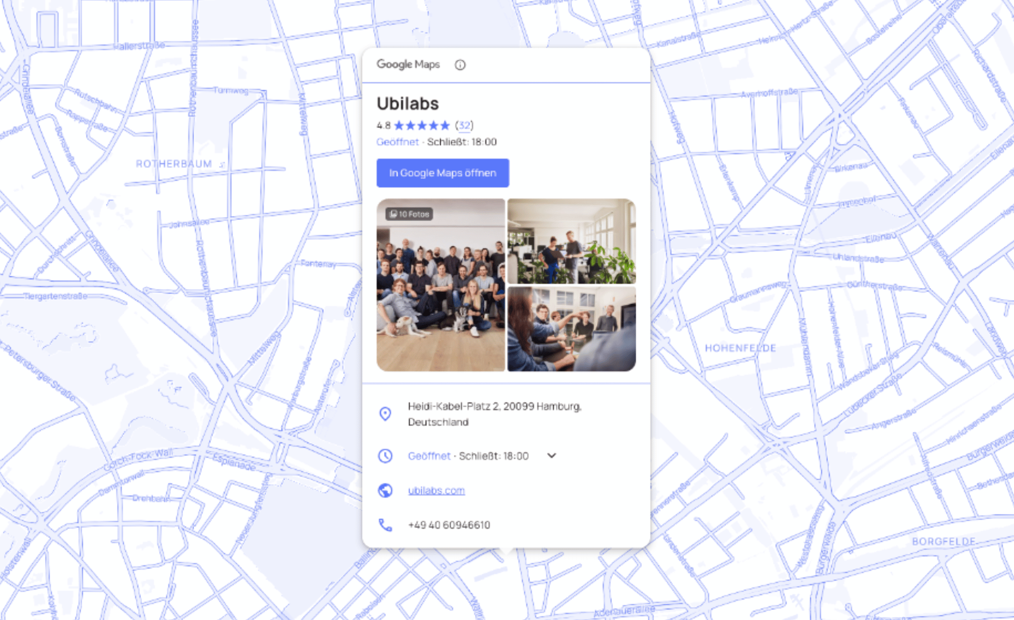 Screenshot der Ubilabs-Demo, die verschiedene Styling-Möglichkeiten des Google Maps Places UI Kit auf einer Mapbox-Karte zeigt.