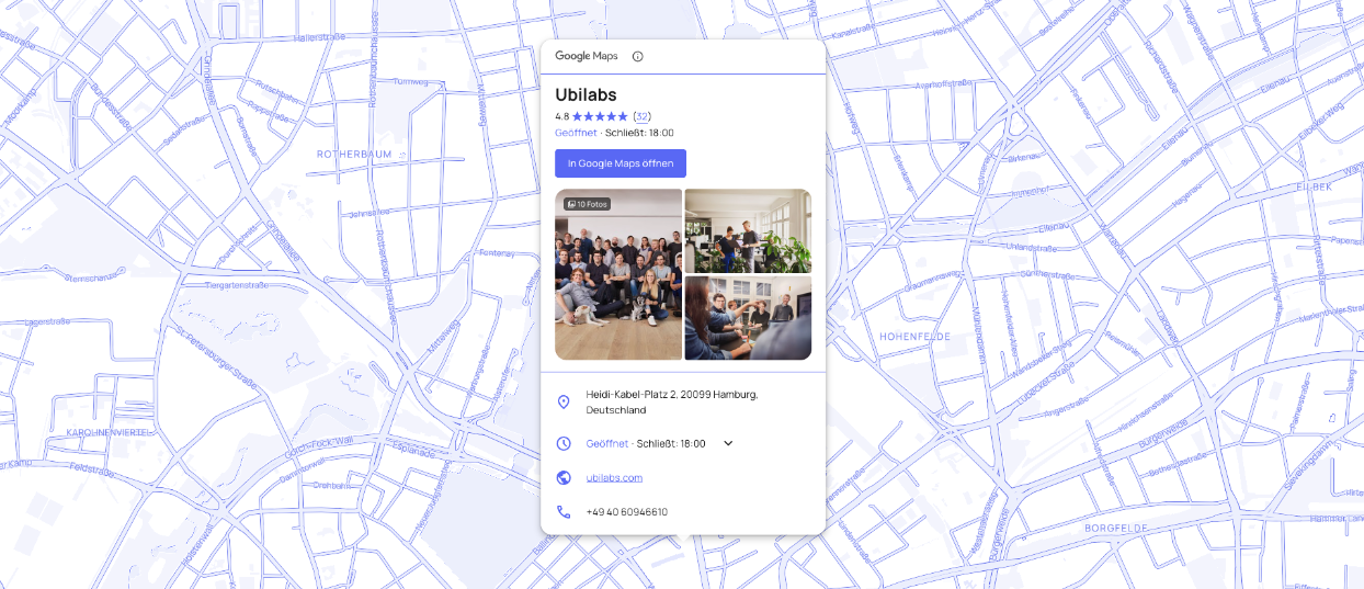 Screenshot der Ubilabs-Demo, die verschiedene Styling-Möglichkeiten des Google Maps Places UI Kit auf einer Mapbox-Karte zeigt.