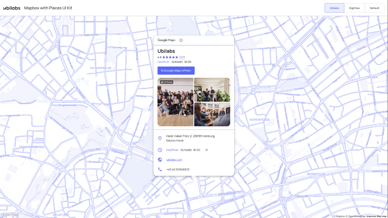 Screenshot der Ubilabs-Demo, der die individuellen Styling-Möglichkeiten des Google Maps Places UI Kit auf einer Mapbox-Karte zeigt. Hier entsprechend der Ubilabs-CI.
