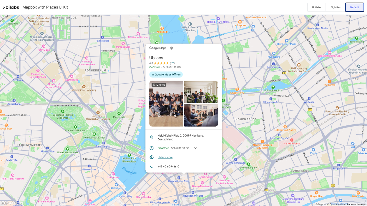 Screenshot der Ubilabs-Demo, der den Defaut-Style des Google Maps Places UI Kit auf einer Mapbox-Karte zeigt.
