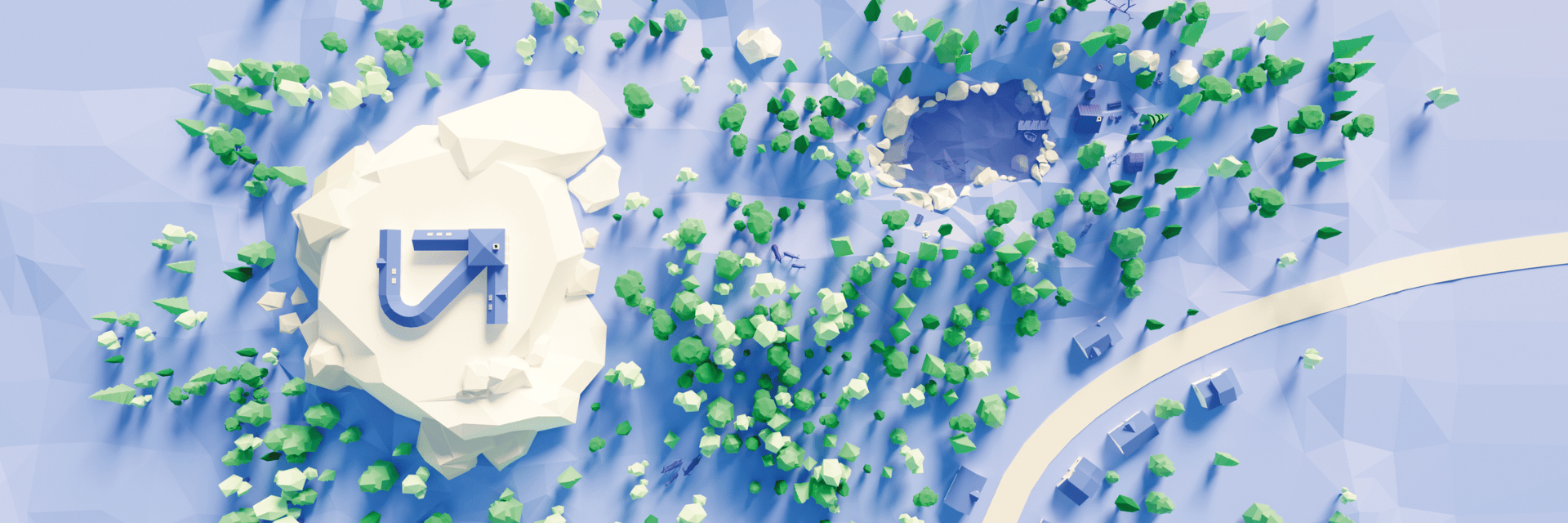 Eine animierte winterliche Landschaft von oben in den Ubilabs-Farben blau und grün, zusammen mit der Bildmarke von Ubilabs