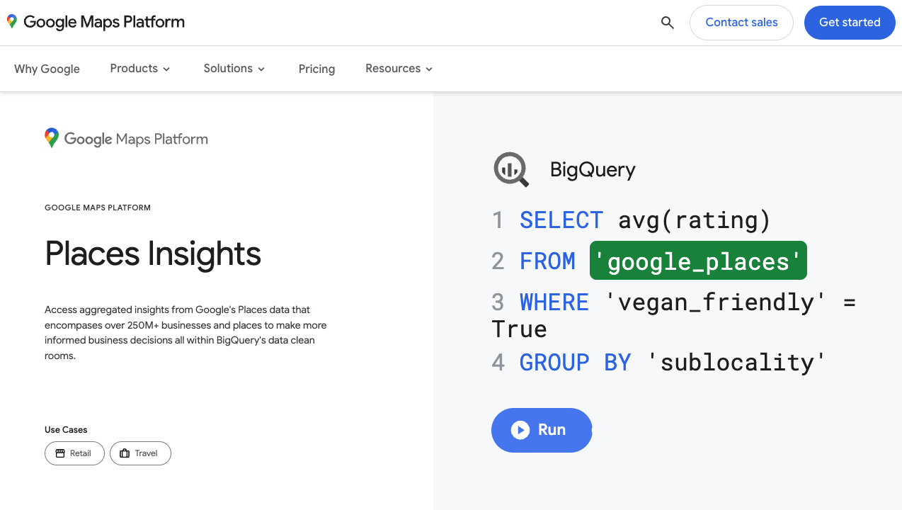 Screenshot der Places Insights Demo von Google Maps Platform