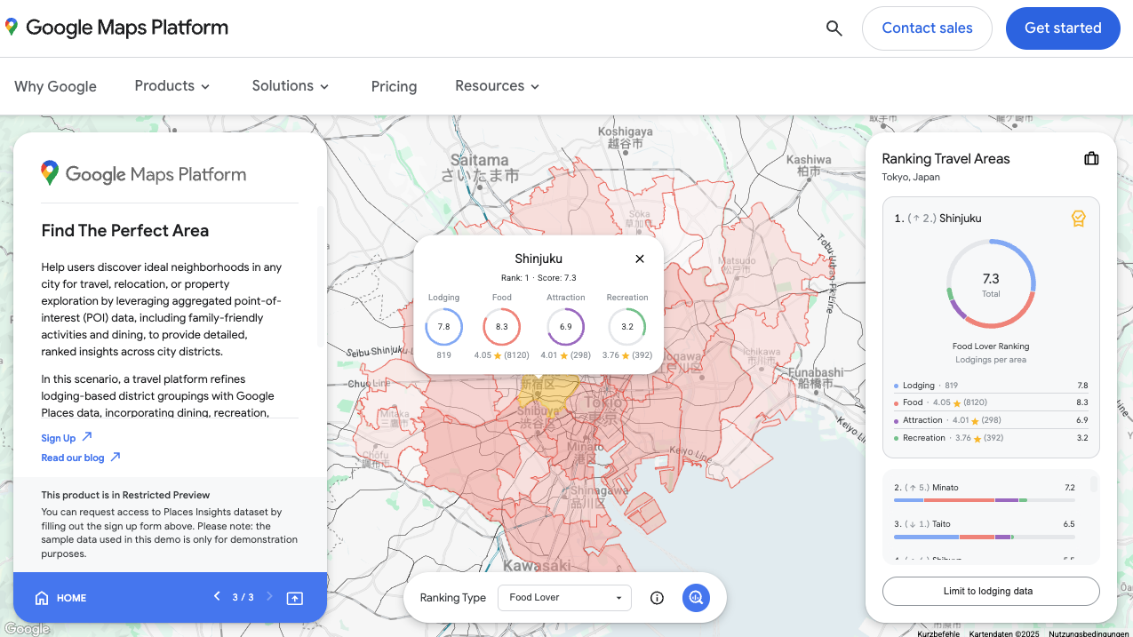 Screenshot der Places Insights Demo von Google Maps Platform