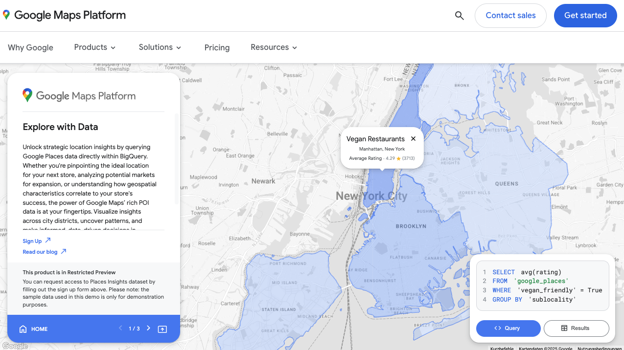 Screenshot der Places Insights Demo von Google Maps Platform