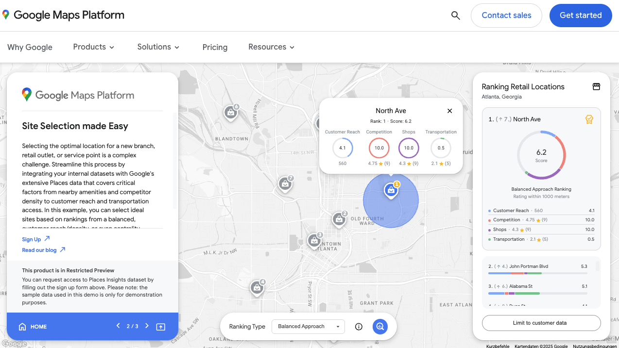 Screenshot der Places Insights Demo von Google Maps Platform