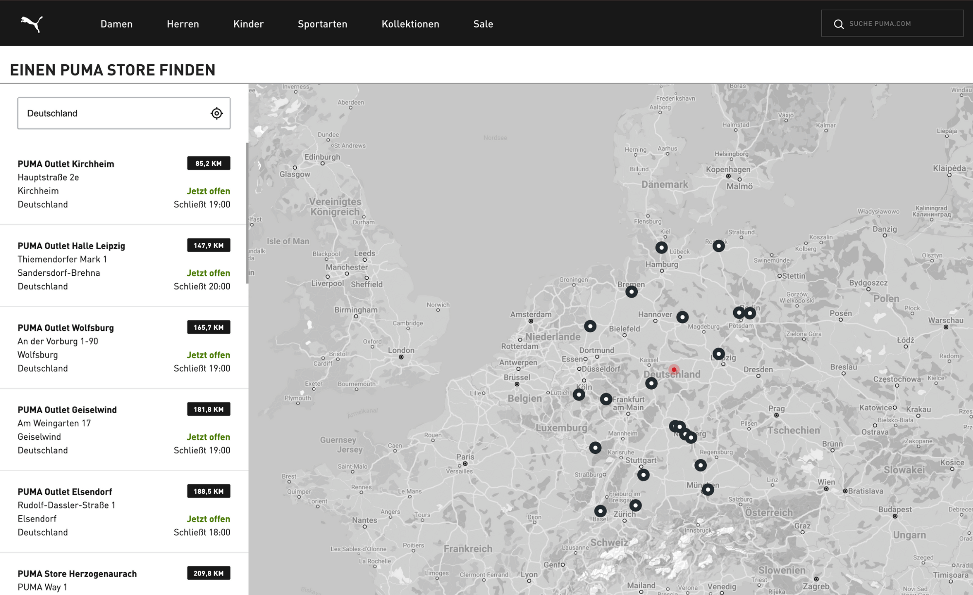 Screenshot des PUMA Store Locator