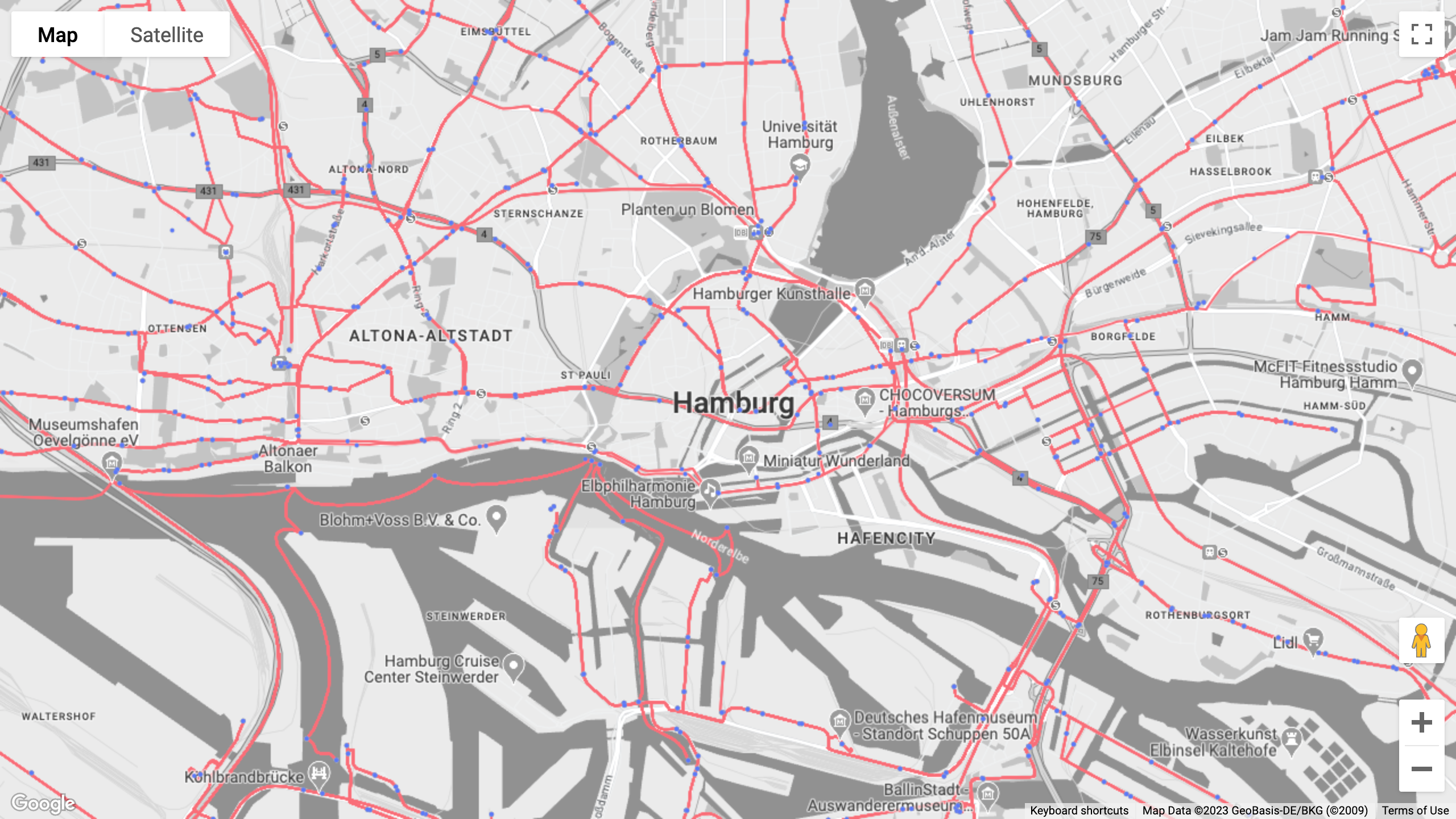 Hamburg's public transport lines and stops on a grey Google map
