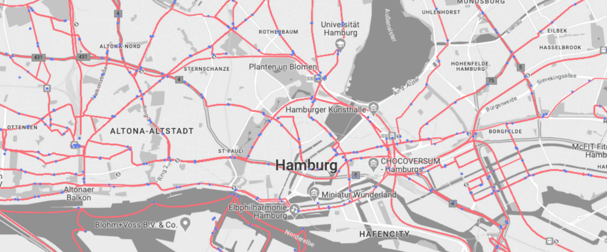 a visualization of Hamburg's public transport ines and stops