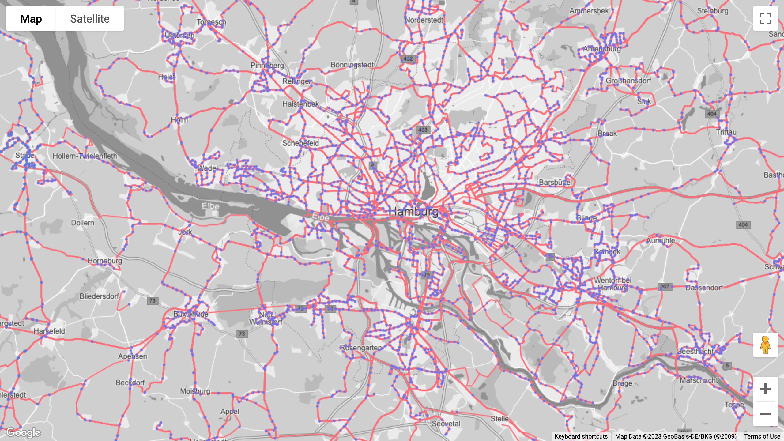 Hamburg's public transport lines and stops on a grey Google map