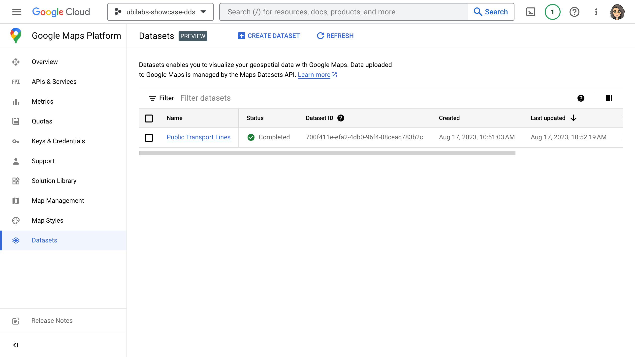 Ansicht der Konsole nach erfolgreichem Upload eines Datensatzes