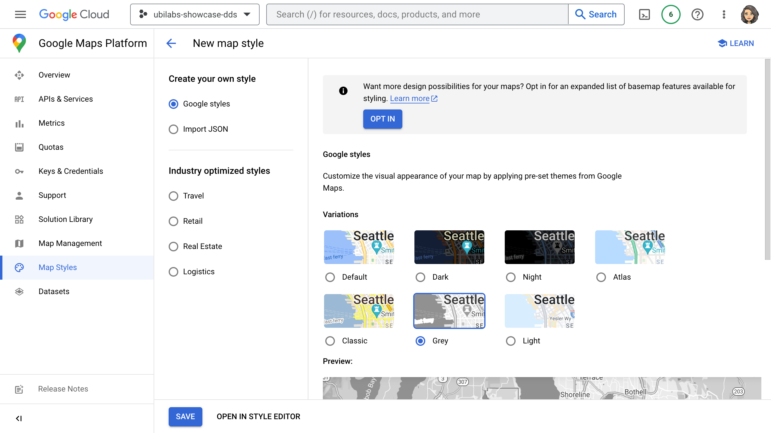 Übersicht der verfügbaren Map Style Varianten in der Cloud Konsole