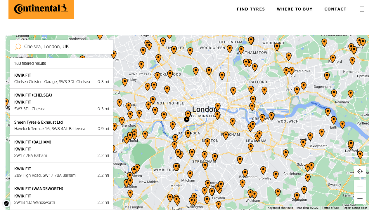 Screenshot Continental Dealer Locator Dealer Listing Location