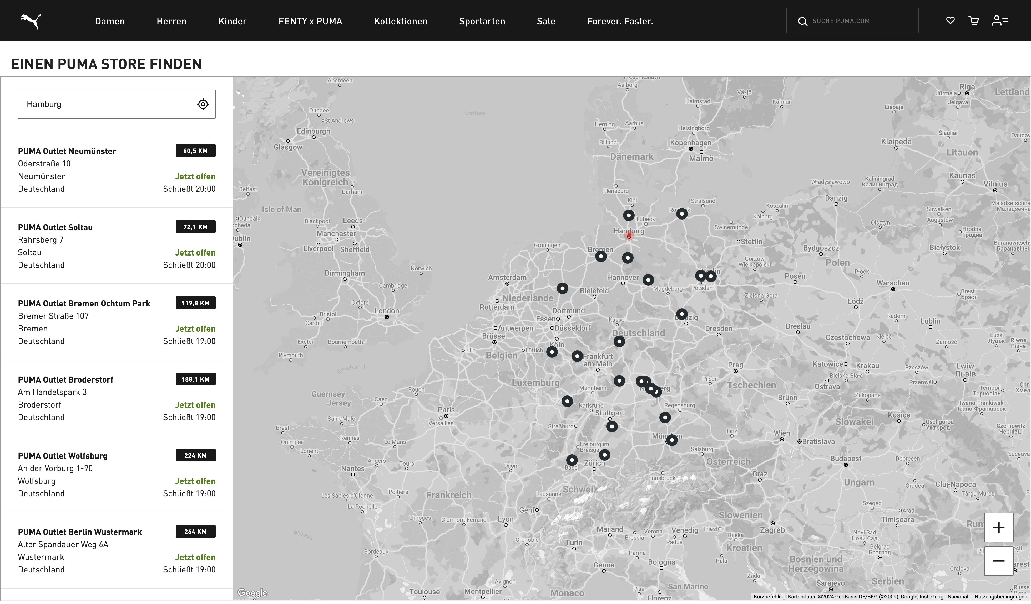 Screenshot PUMA Store Finder - Storeübersicht