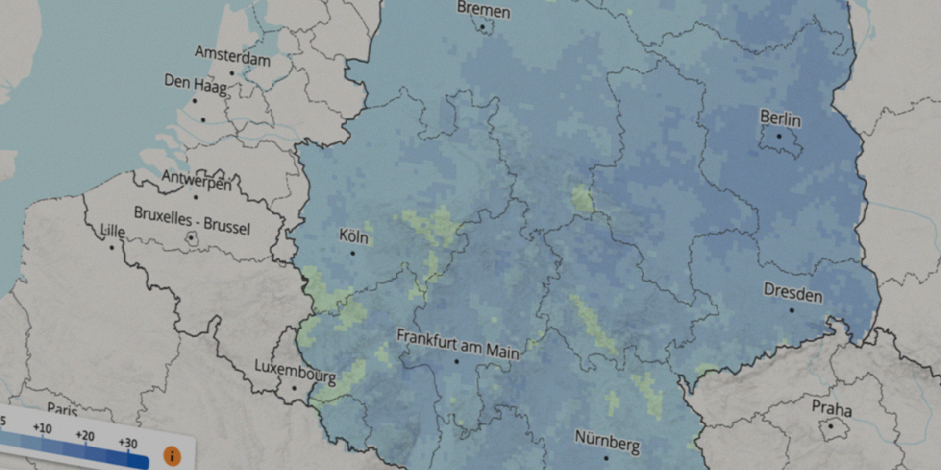 Auf dem Bild ist eine interaktive Kartenanwendung zum Klima zu sehen, in der Deutschland in verschiedenen Fartönen eingefärbt ist