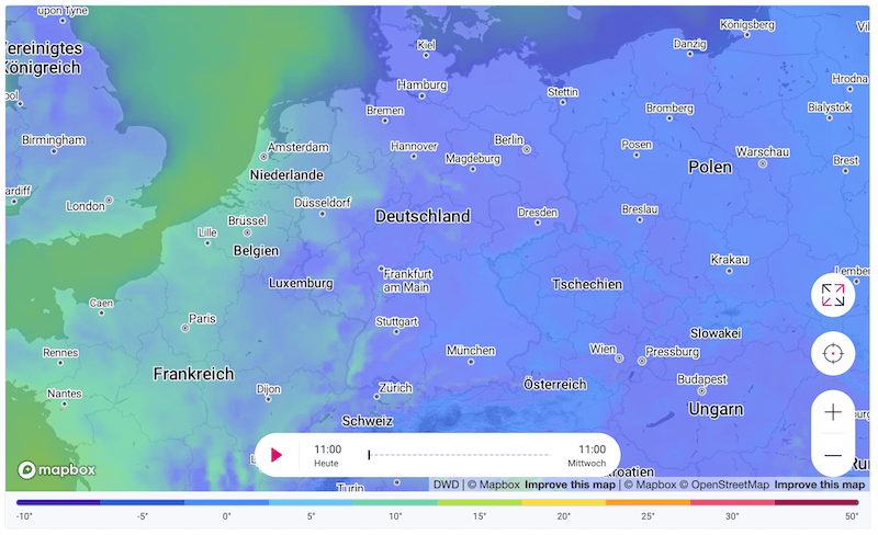 Screenshot Temperaturanzeige auf Wetterkarte